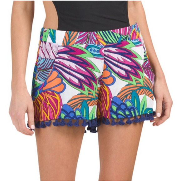 Trina Turk Swim Cover-Up Shorts in Paradise Palm Pull-On Tassel Fringe sz Large - Picture 1 of 10